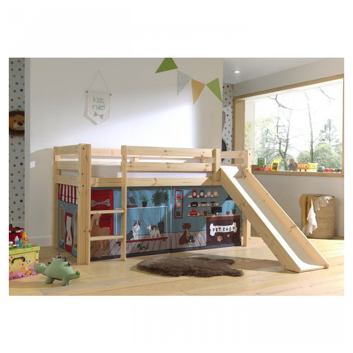 Lit Compact avec Toboggan Nature + Rideau Animalerie couleur unique, VIPACK