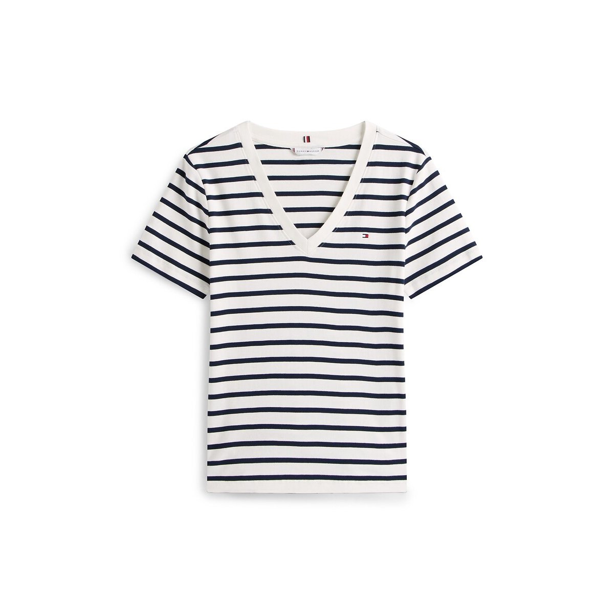 V-Neck T-Shirt with Short Sleeves ecru/navy striped, TOMMY HILFIGER