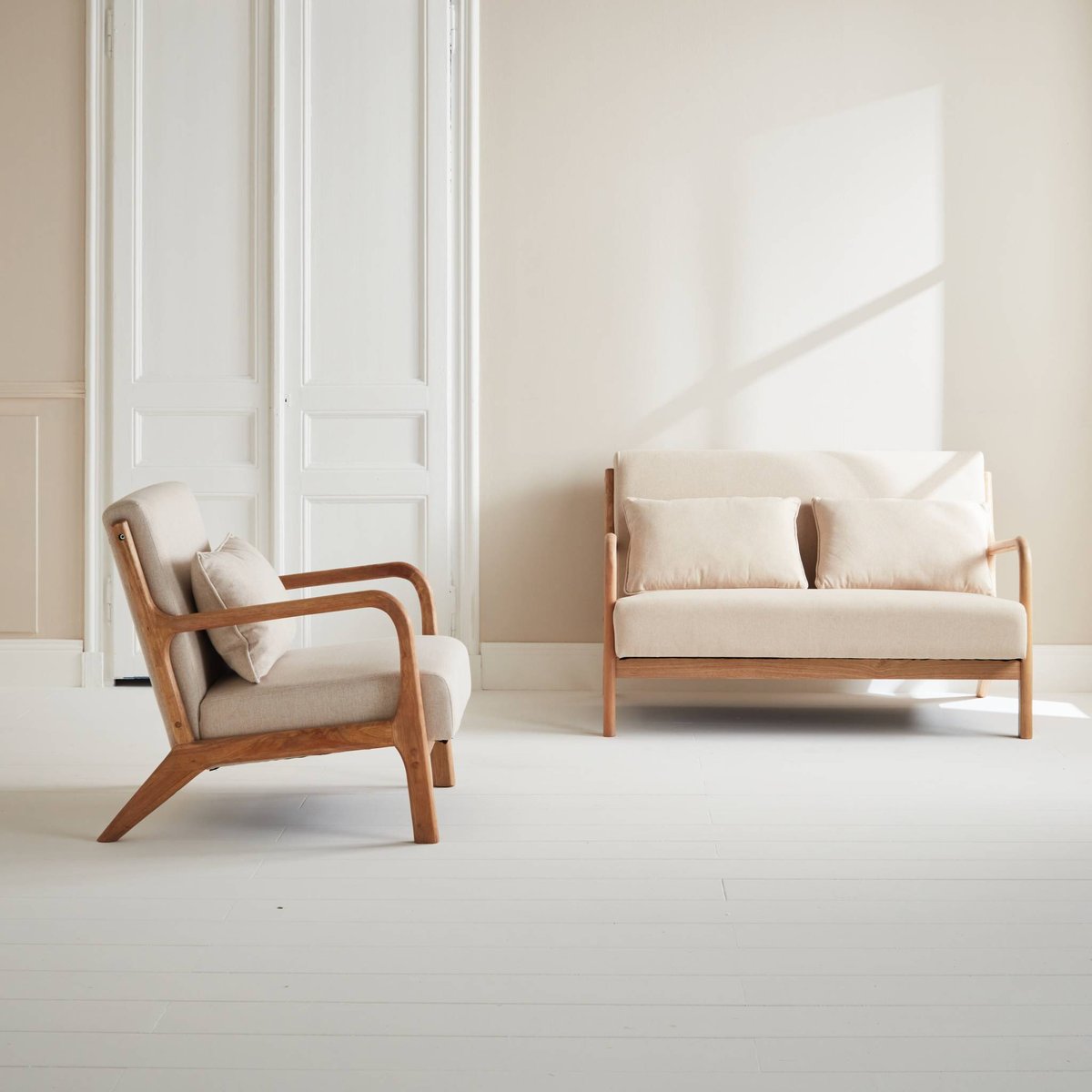 Banquette scandinave 2 places + Fauteuil bois et tissu LORENS beige, SWEEEK