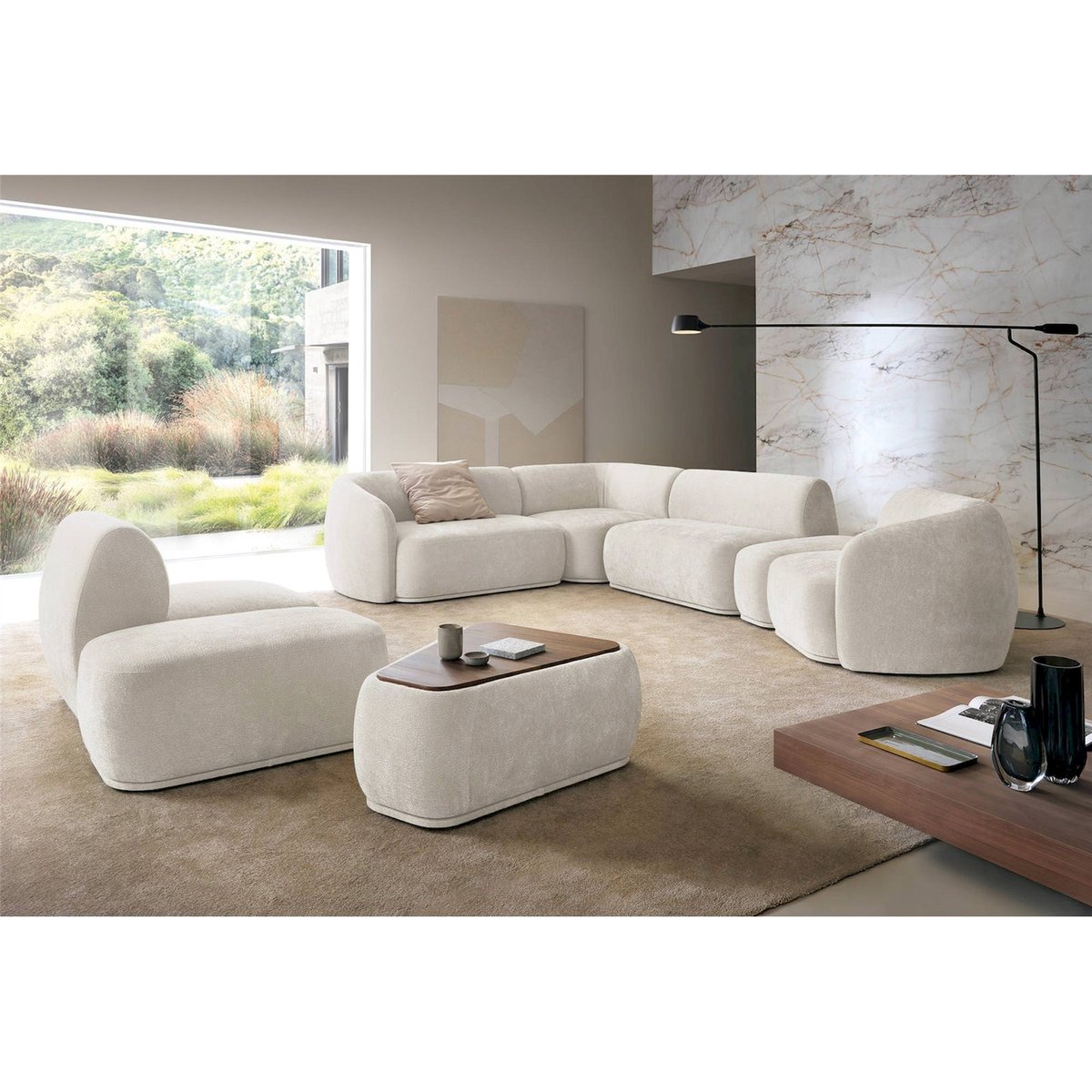 Pouf modulable triangulaire chenille BOMMO crème, RECOLLECTION
