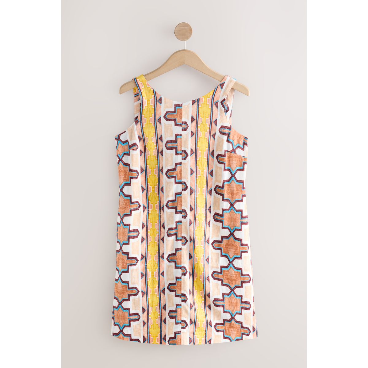 Robe courte droite avec lin et dos dégagé imprimé géométrique crème, NEXT