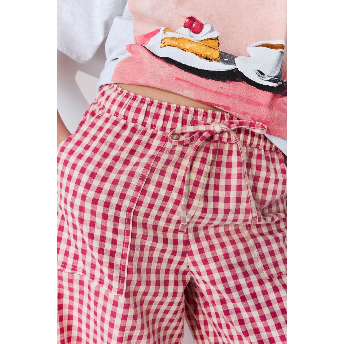 Pantalon large à enfiler en coton vichy rose, NEXT