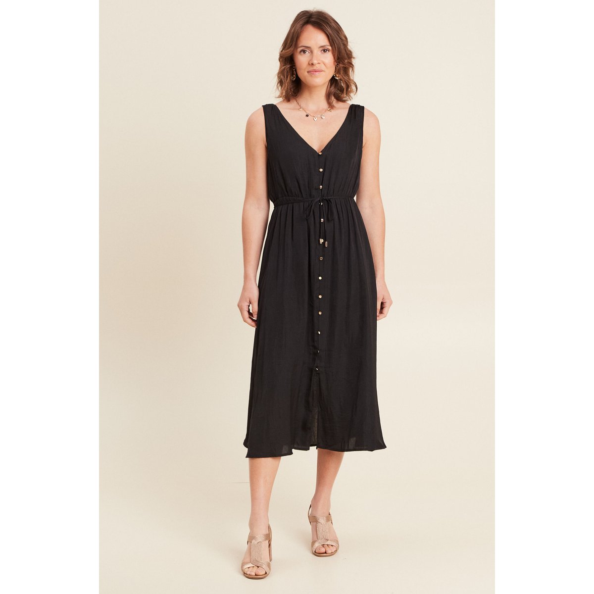 Robe midi évasée satin noir, BREAL