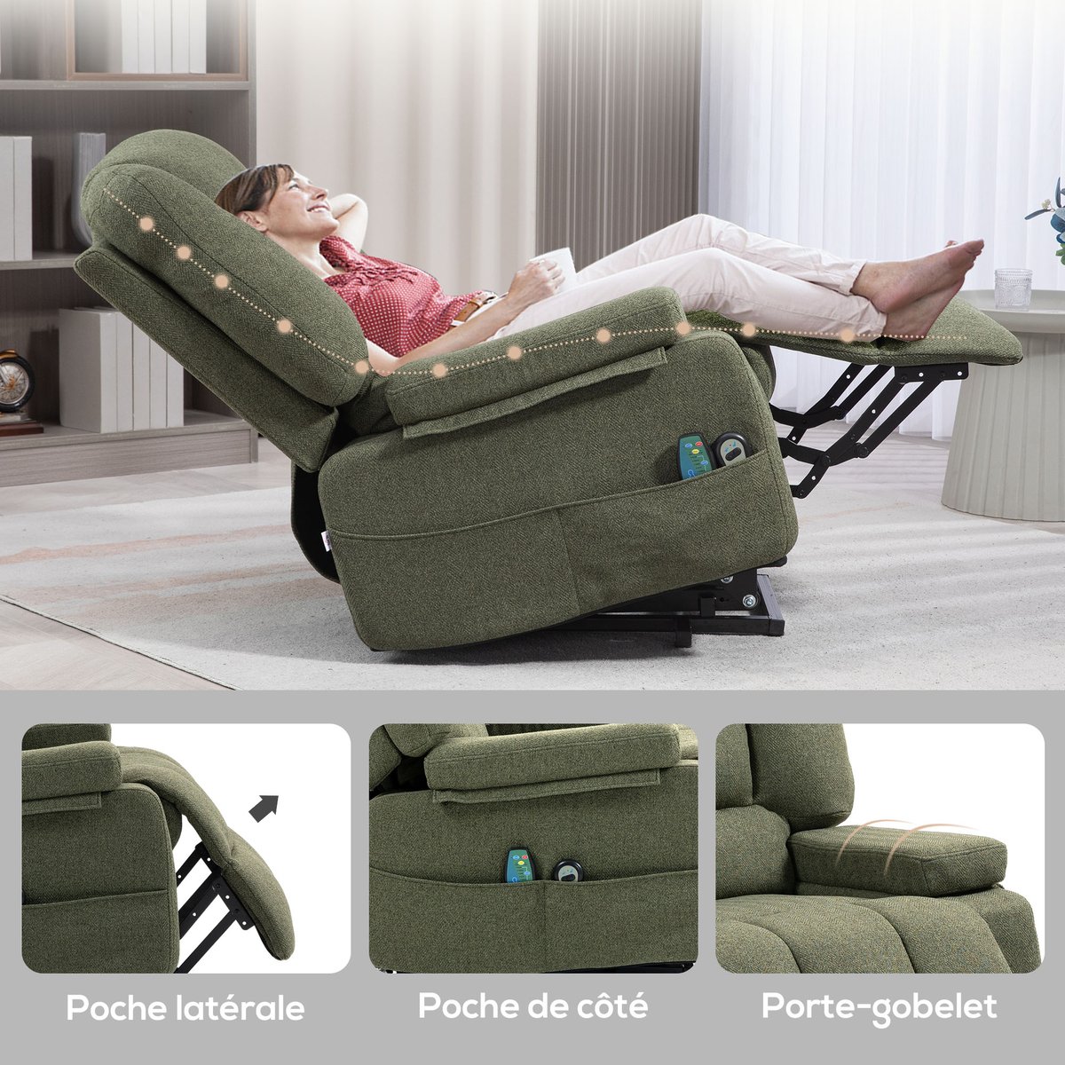 Fauteuil releveur multifonctionnel Lin vert, HOMCOM