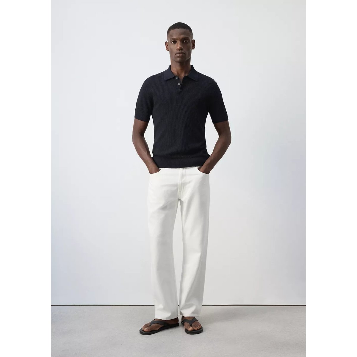 Polo maille fine côtelée bleu nuit, MANGO MAN