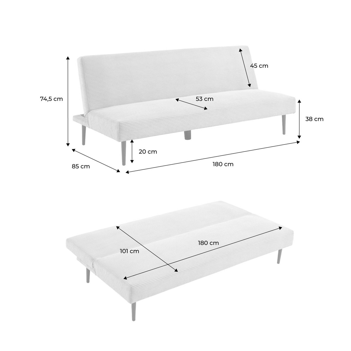 Canapé banquette convertible 3 places velours côtelé piétement métal MAX crème, SWEEEK
