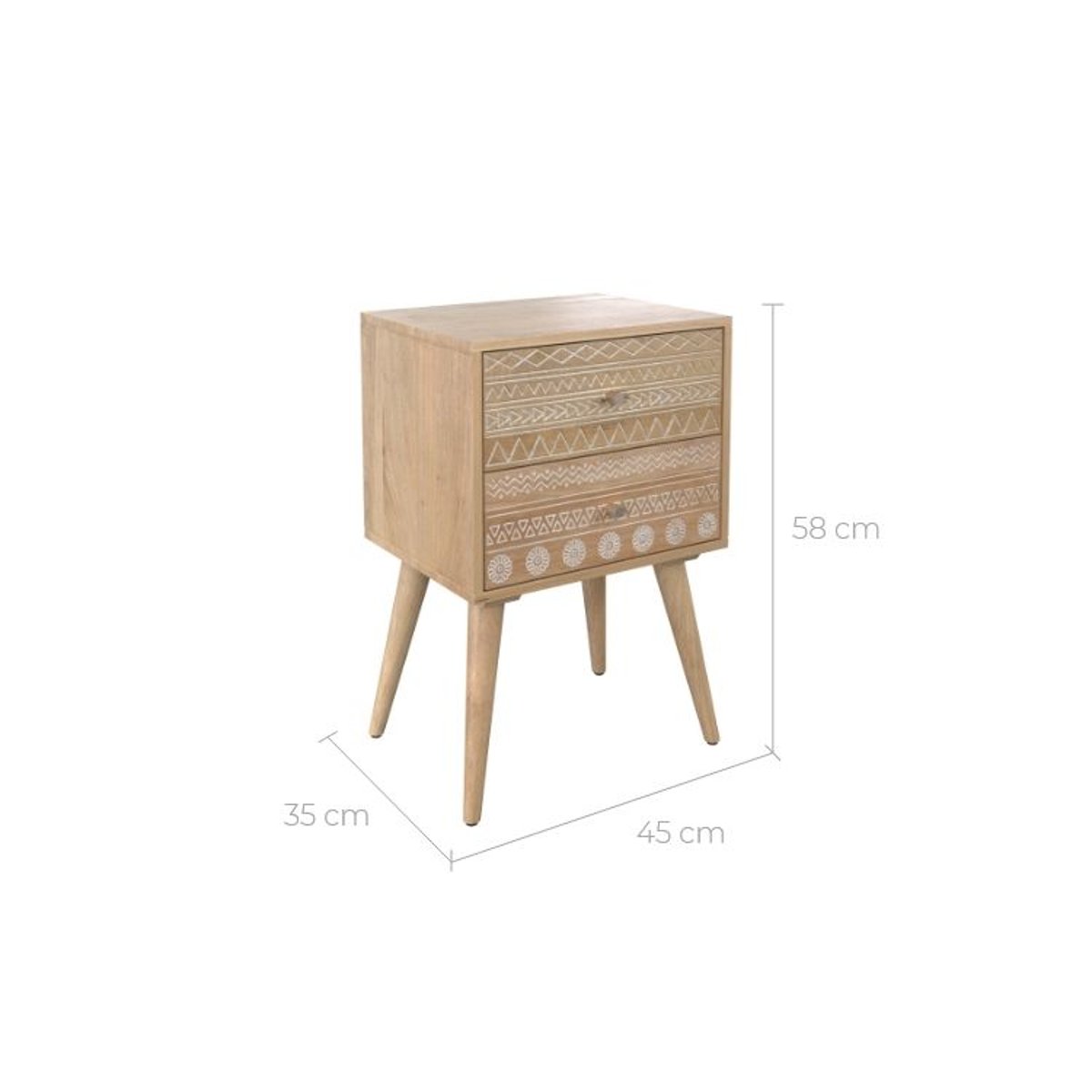 Table de chevet en bois de manguier gravé 2 tiroirs - TINY bois clair, MAISON PAVANE