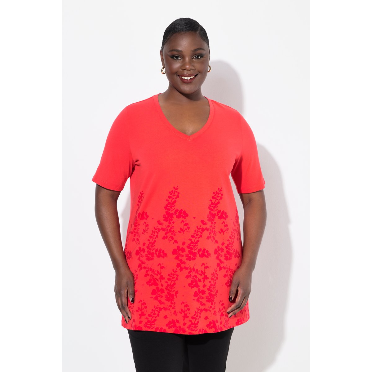 T-shirt à manches courtes et col en V rouge clair, ULLA POPKEN