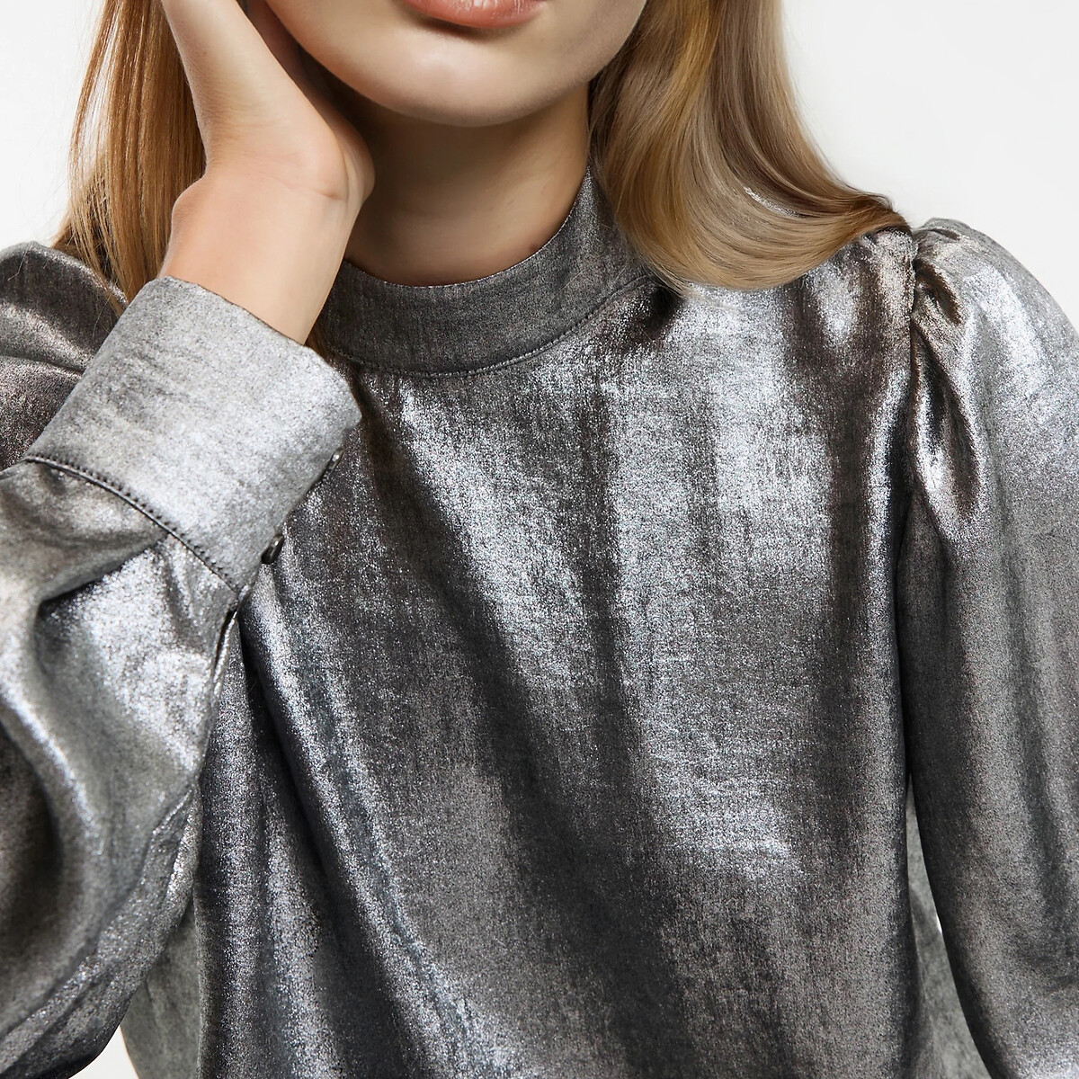 Mandarin Collar Blouse with Long Sleeves silver grey, LA REDOUTE COLLECTIONS
