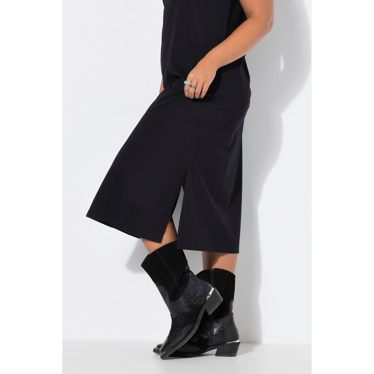 Robe midi, ligne A, jersey, col rond noir, STUDIO UNTOLD