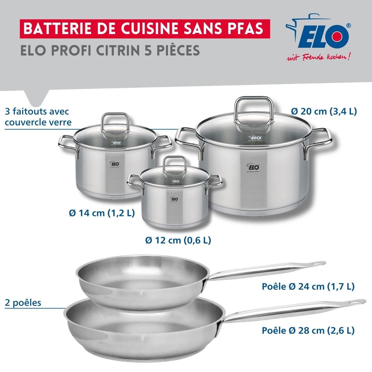 Batterie 2 poêles 24/28cm + 3 faitouts 12/14/20cm PROFI CITRIN gris, ELO