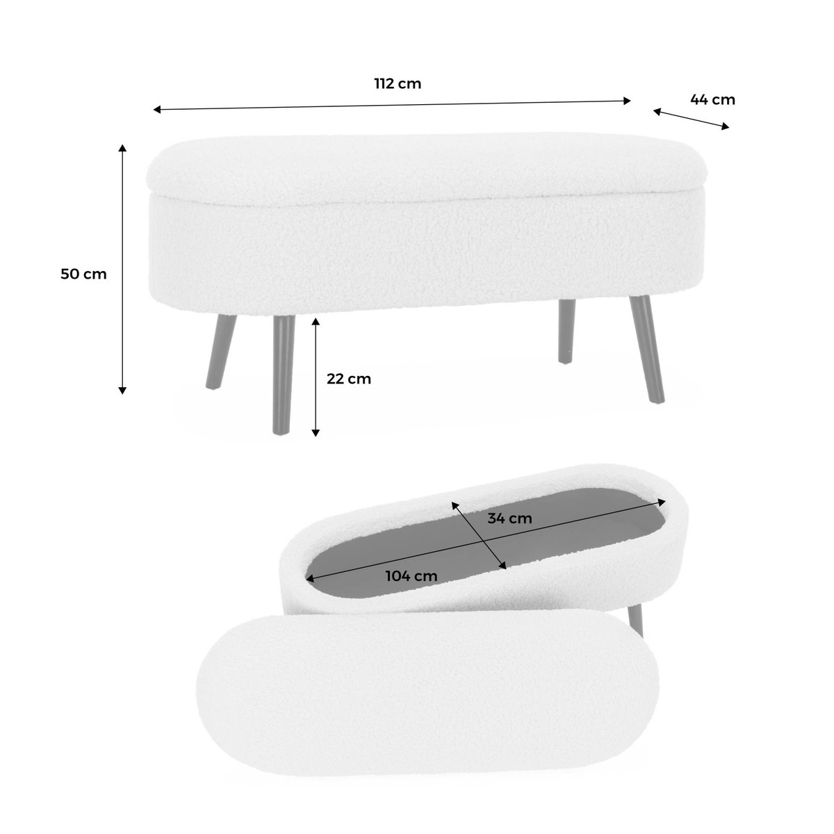Banc coffre, bout de lit avec revêtement bouclette SHERPA ecru, SWEEEK