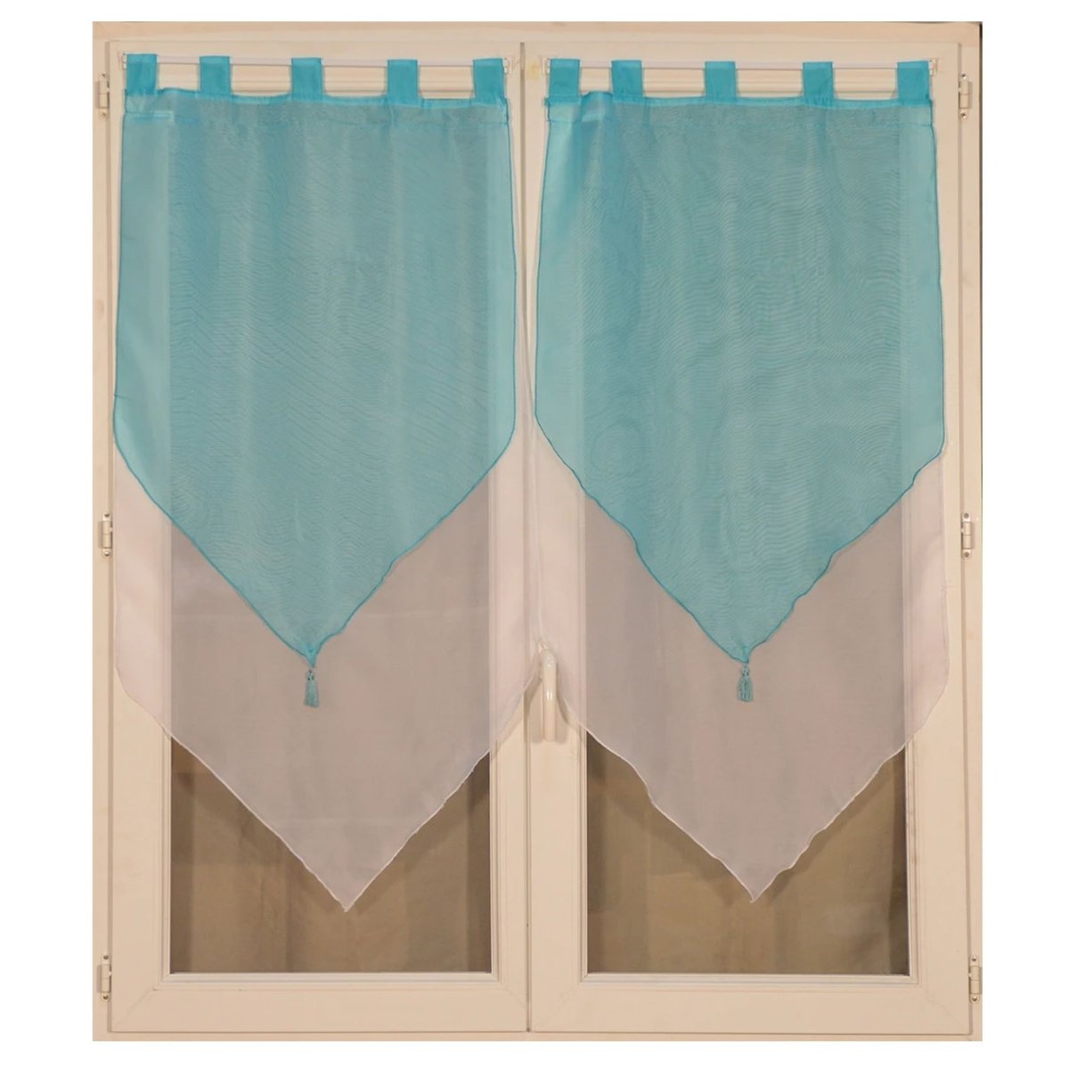 Paire de petits voilages bicolores à pompon bleu, HOME MAISON