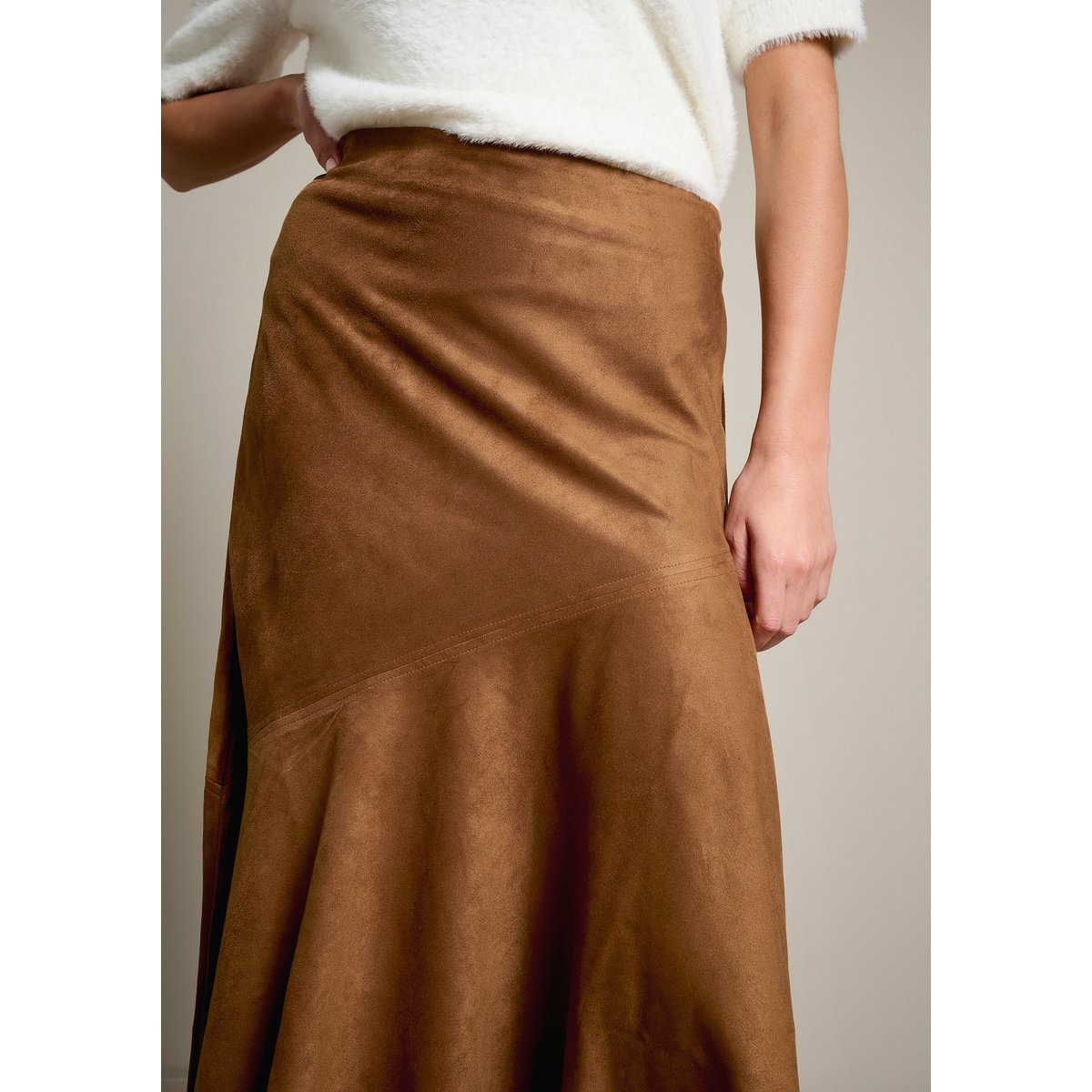 Jupe midi effet suédine camel brun, LOLALIZA