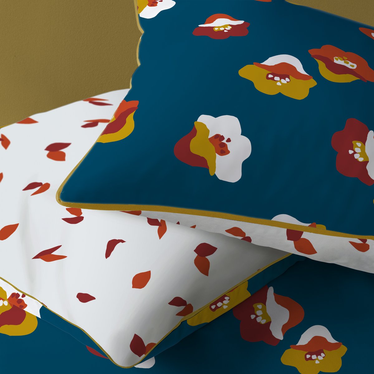 Set de 2 taies d'oreiller imprimées en percale de coton BIO, NARCISSE bleu paon, MATT ET ROSE
