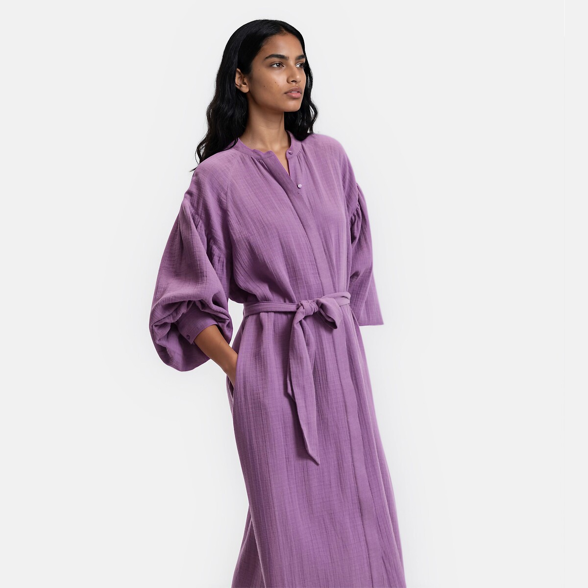 Robe longue manches longues ceinturée violet, LA REDOUTE COLLECTIONS