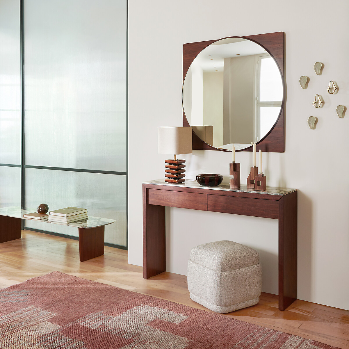 Miroir rond avec encadrement en noyer, hauteur 90 cm, NOTTERI noyer, AM.PM