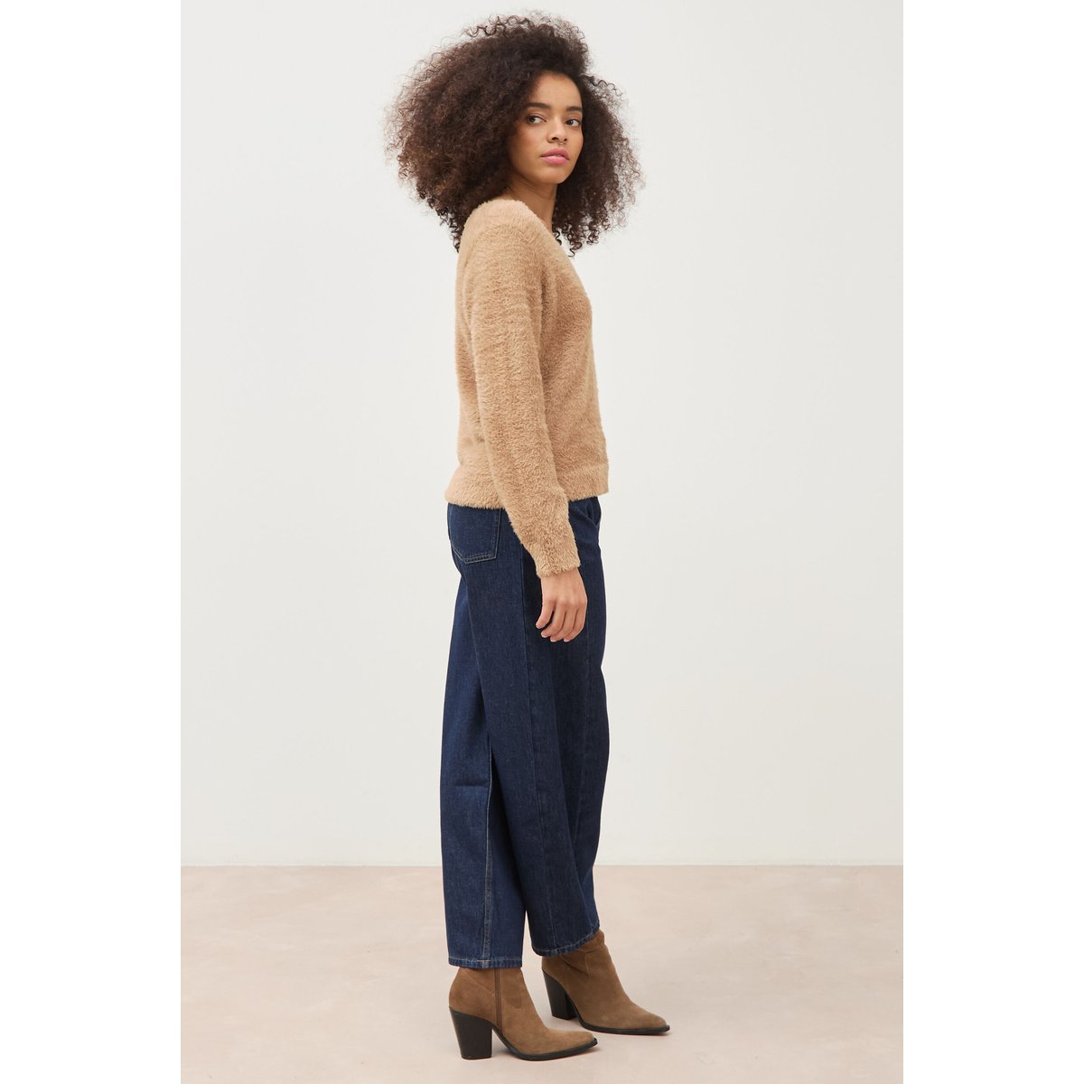 Pull droit col v manches longues camel, BONOBO