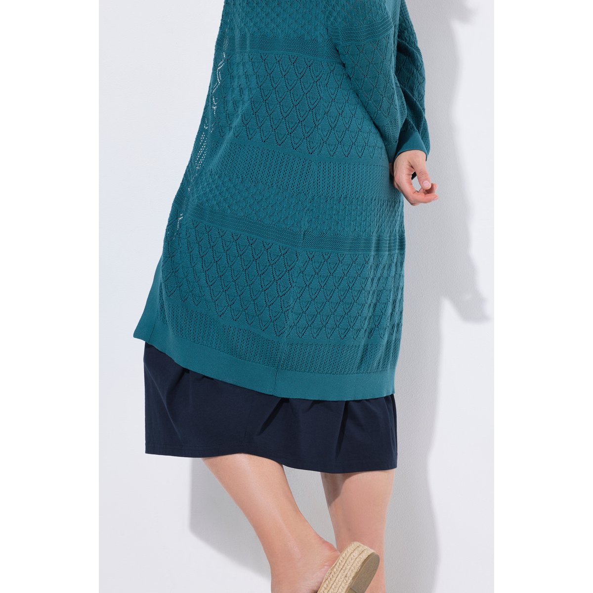Cardigan long en maille de coton bio ajourée pétrol, ULLA POPKEN
