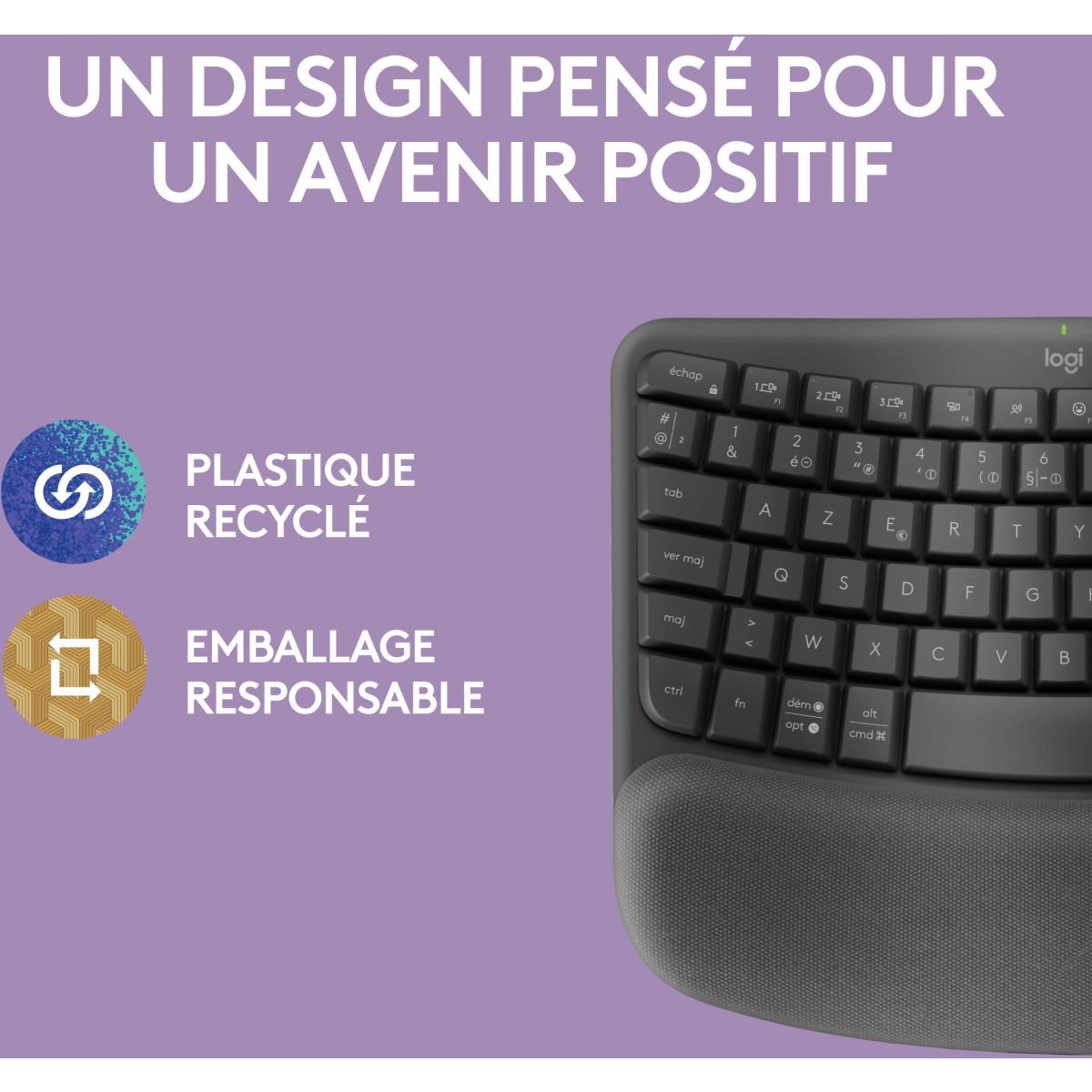 Clavier sans fil Wave Keys ergonomique +  repose poignets couleur unique, LOGITECH