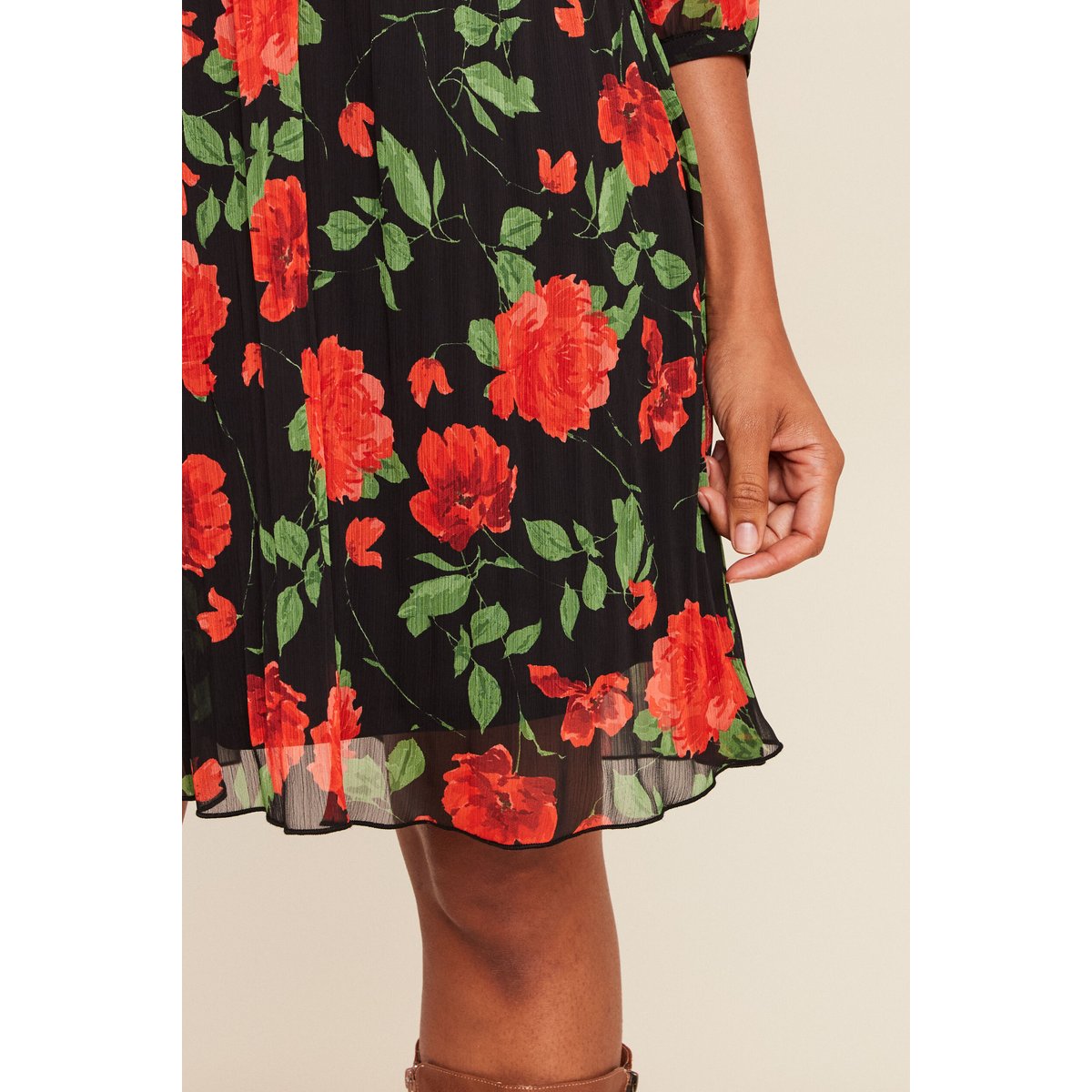 Robe courte évasée plissée manches 3/4 rouge, BREAL