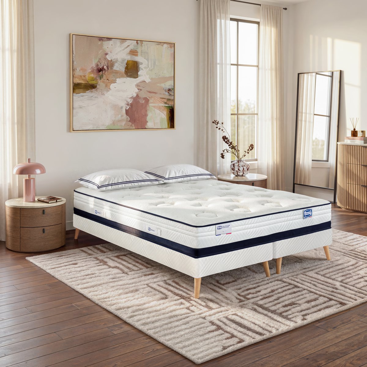 Ensemble L'INEDIT, matelas Hybride 180x200, ferme, H27 + 2 sommiers blanc, SIMMONS