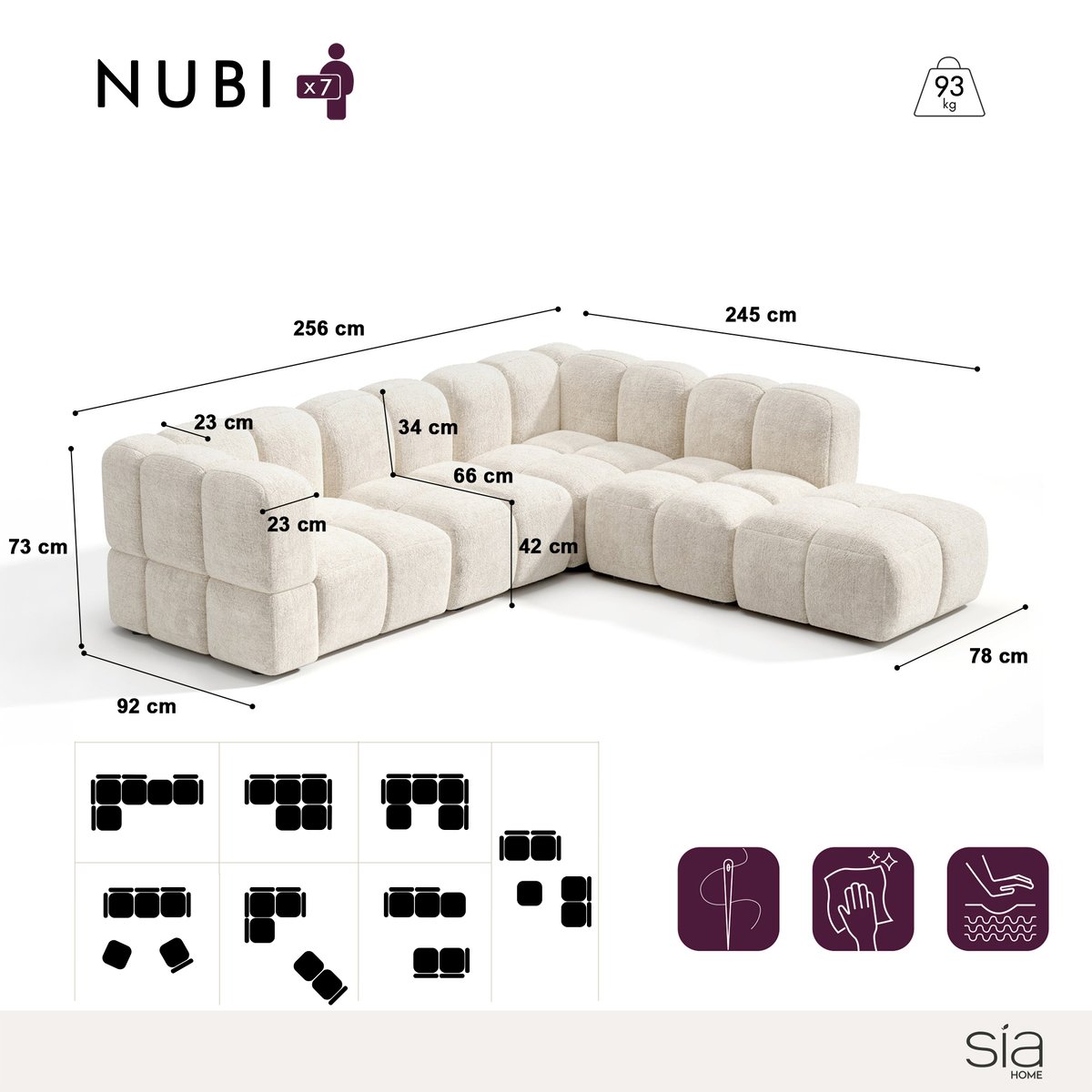 Canapé grand angle droit modulable 7 places en velours texturé NUBI crème, SIA HOME