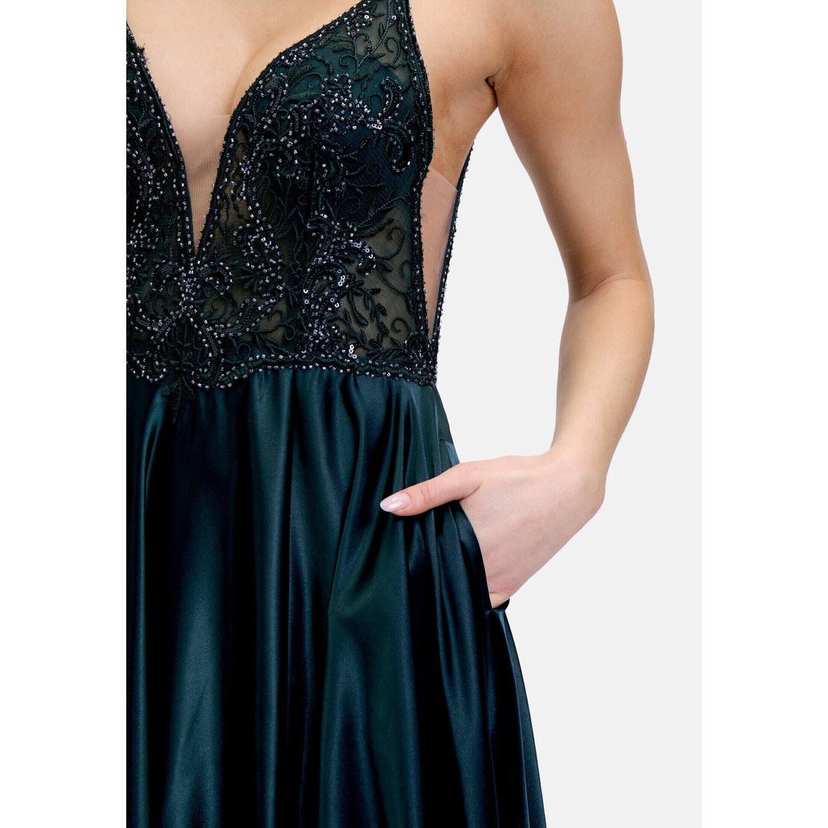 Robe de soirée à motif placé dusty slate, VERA MONT