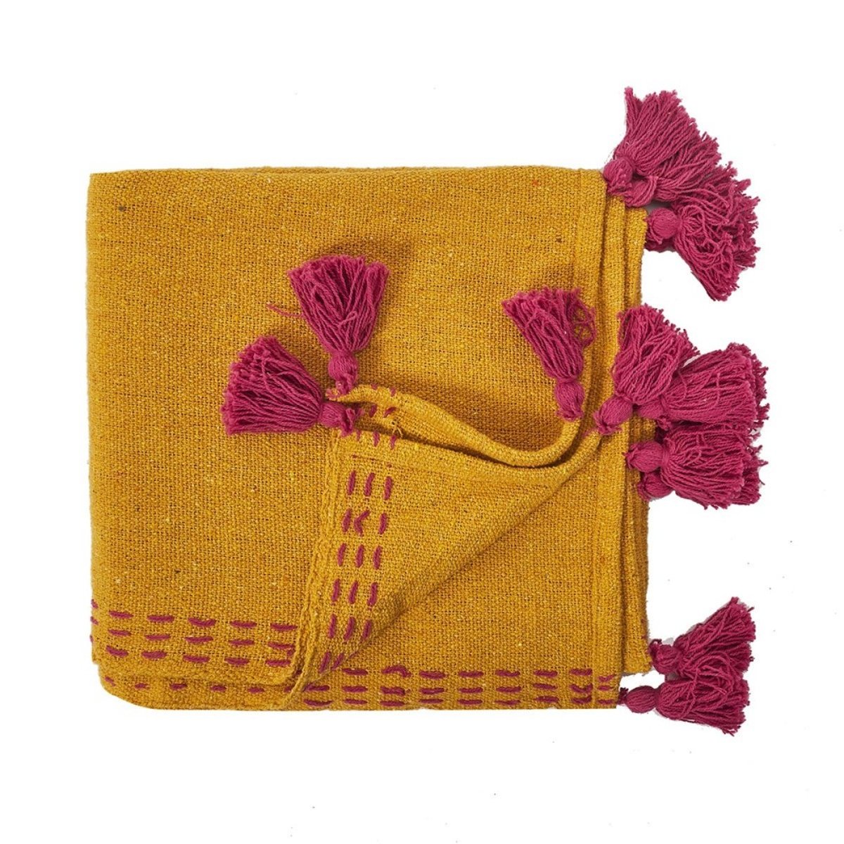 Jeté De Canapé Surpiqué Pompons Jaune 130x150 jaune, DECORATIE