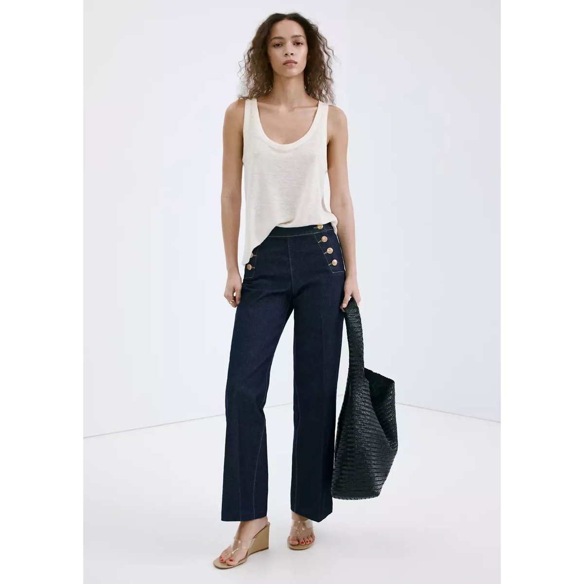 Jean wide leg boutons latérales bleu, MANGO