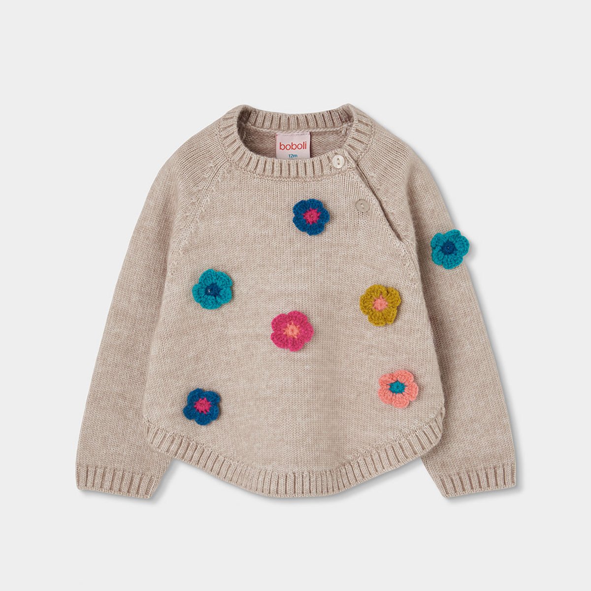 Pull fille avec fleurs au crochet beige, BOBOLI