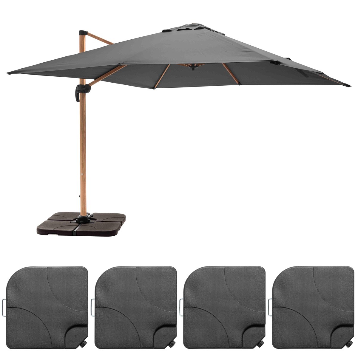 Parasol déporté 3 x 3m inclinable rotatif et 4 dalles à lester remplissables, BRESCIA gris anthracite, OVIALA