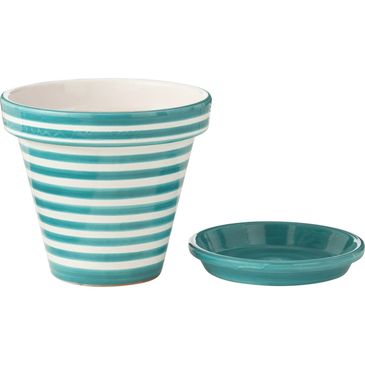 Cache-pot rayé en poterie peinte main aqua et blanc, RECOLLECTION