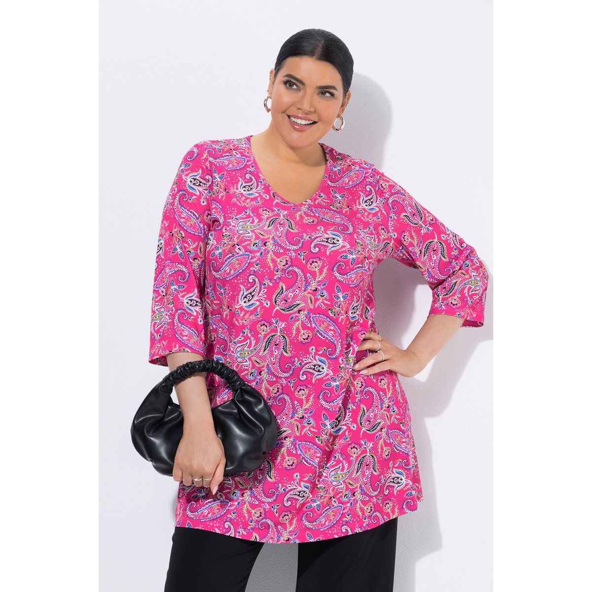 T-shirt long motif cachemire fuchsia clair, ULLA POPKEN