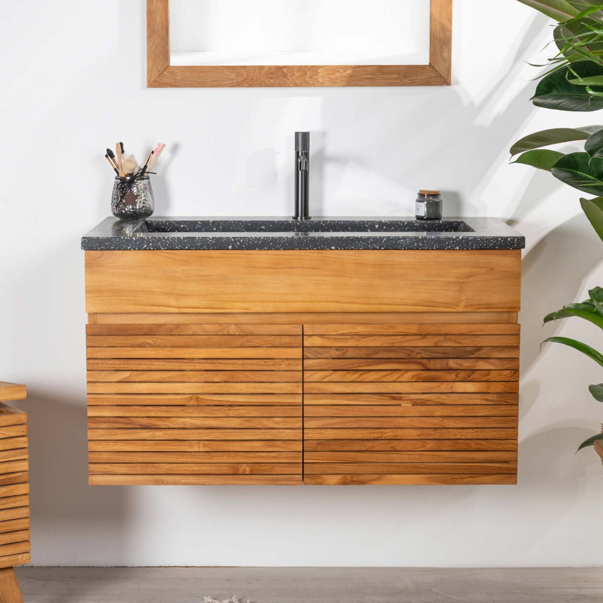 Meuble salle de bain en teck et terrazzo noir Aktual 90cm noir, WANDA COLLECTION