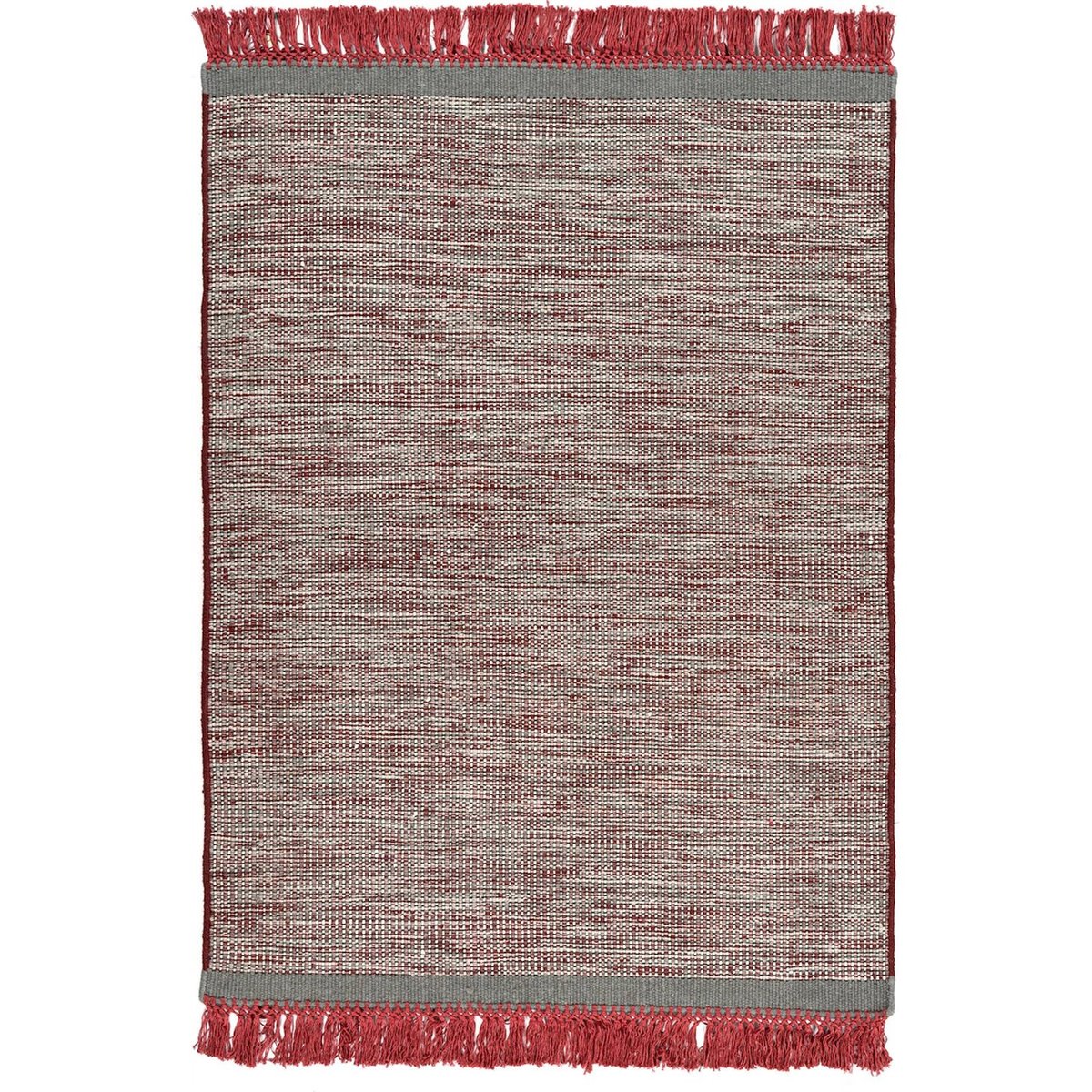 Tapis frangé en laine, Tissé main gris chiné avec rouge brique, ARTE ESPINA