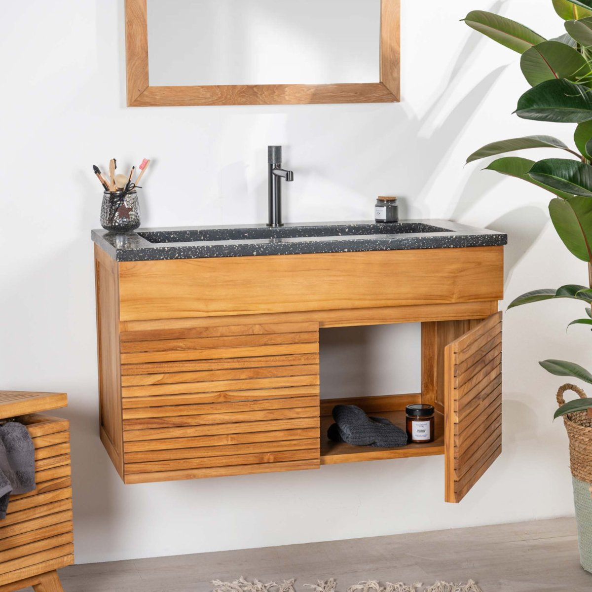 Meuble salle de bain en teck et terrazzo noir Aktual 90cm noir, WANDA COLLECTION