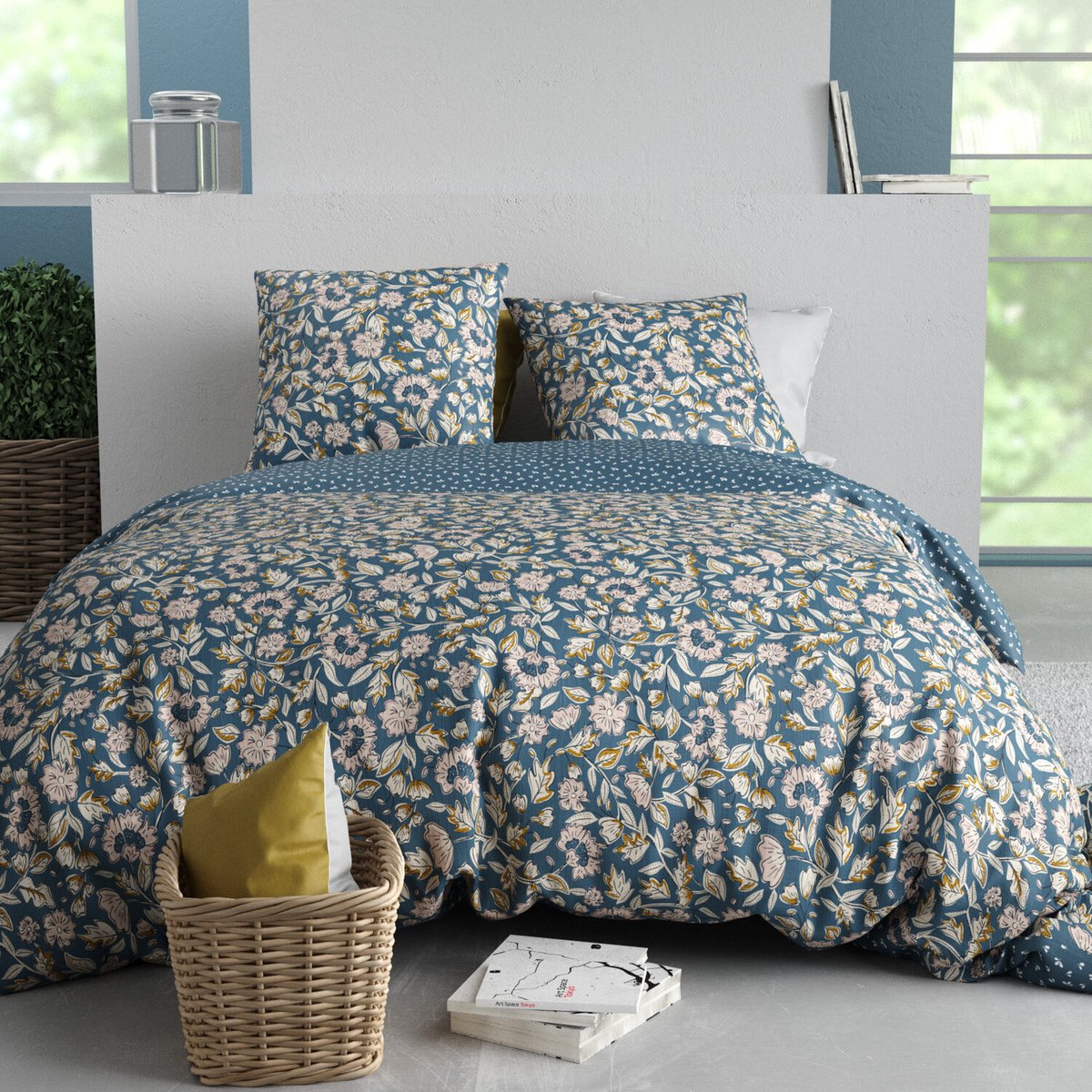 Parure housse de couette en percale de coton imprimée, Frida rose, C DESIGN HOME TEXTILE
