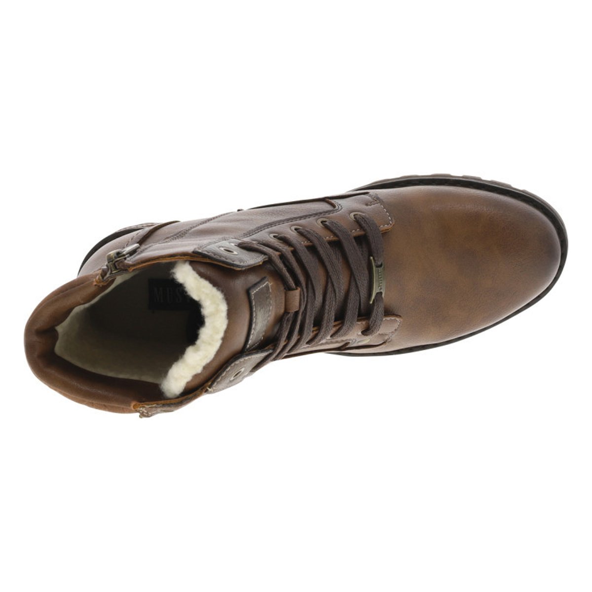 Bottines taupe à talon décroché bas avec des lacets plats et un zip marron, MUSTANG