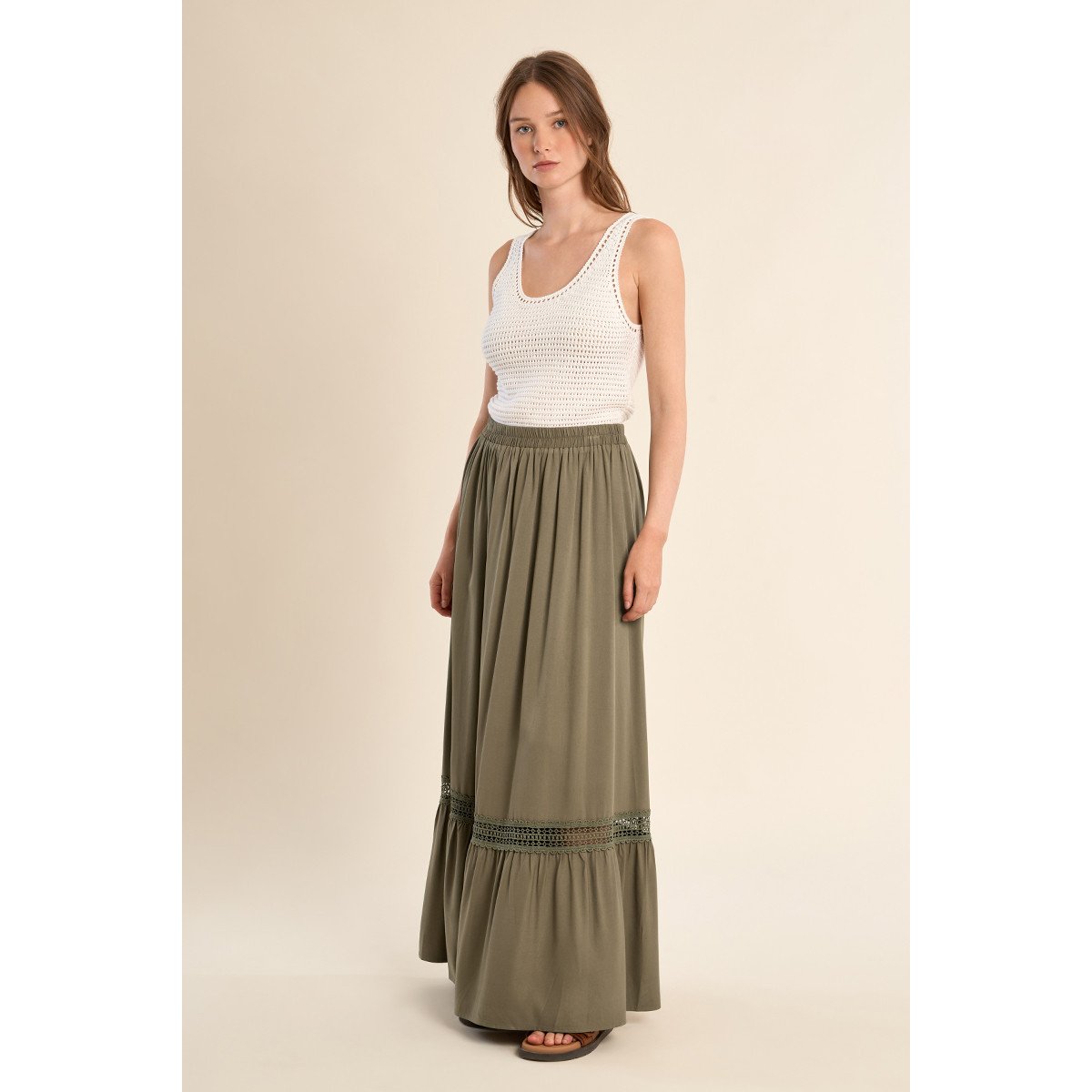 Longue jupe ajourée khaki, MOLLY BRACKEN