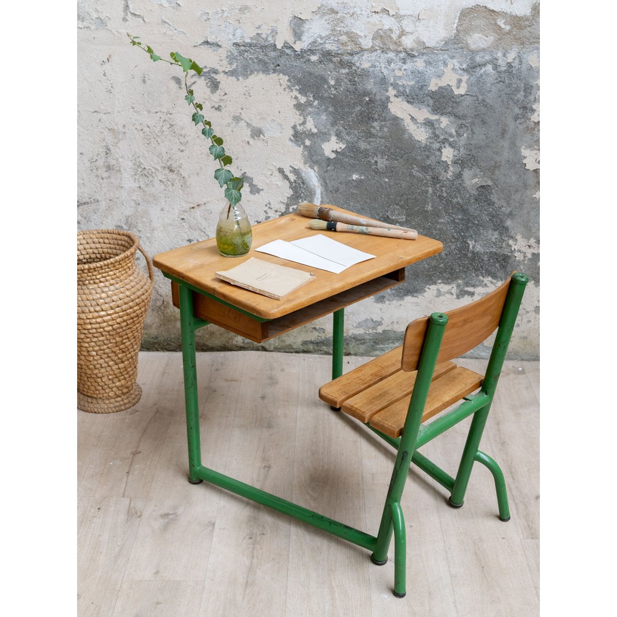 Bureau et la chaise d'écolier Edouard N°1090 - Bon état bois clair, DEBONGOUT