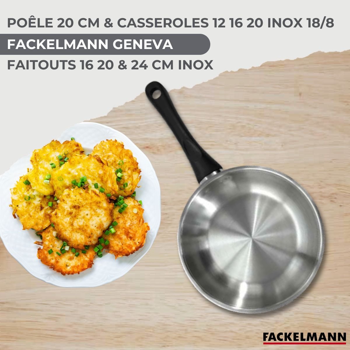 1 poêle 20, 3 faitouts 16/20/24, 3 casseroles 12/16/20 GENEVA inox|noir, FACKELMANN