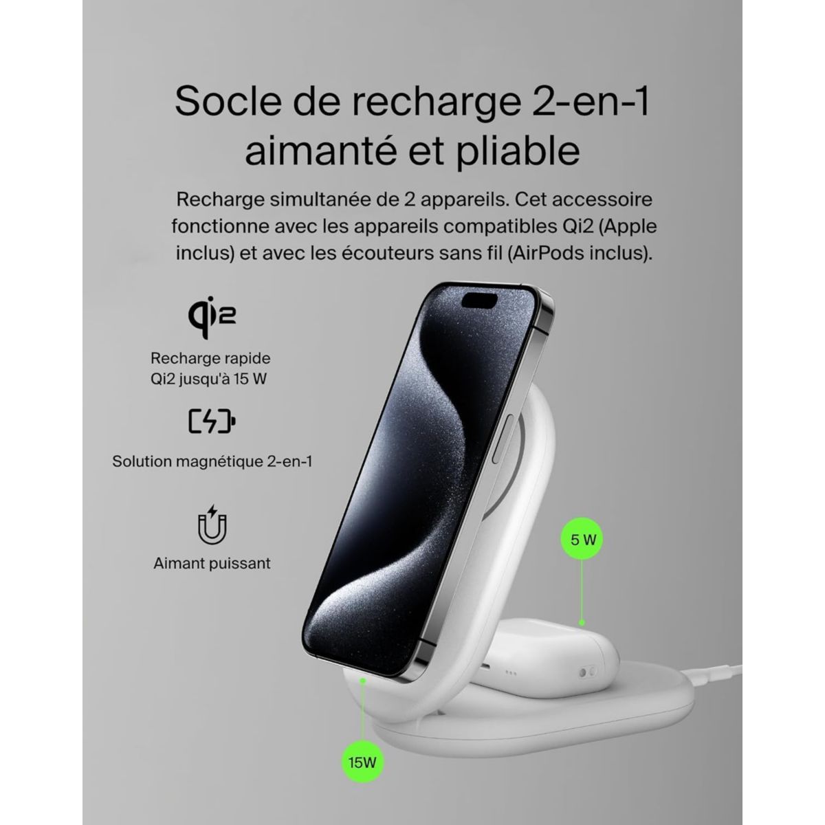 Chargeur induction induction 15W 2en1 blanc couleur unique, BELKIN