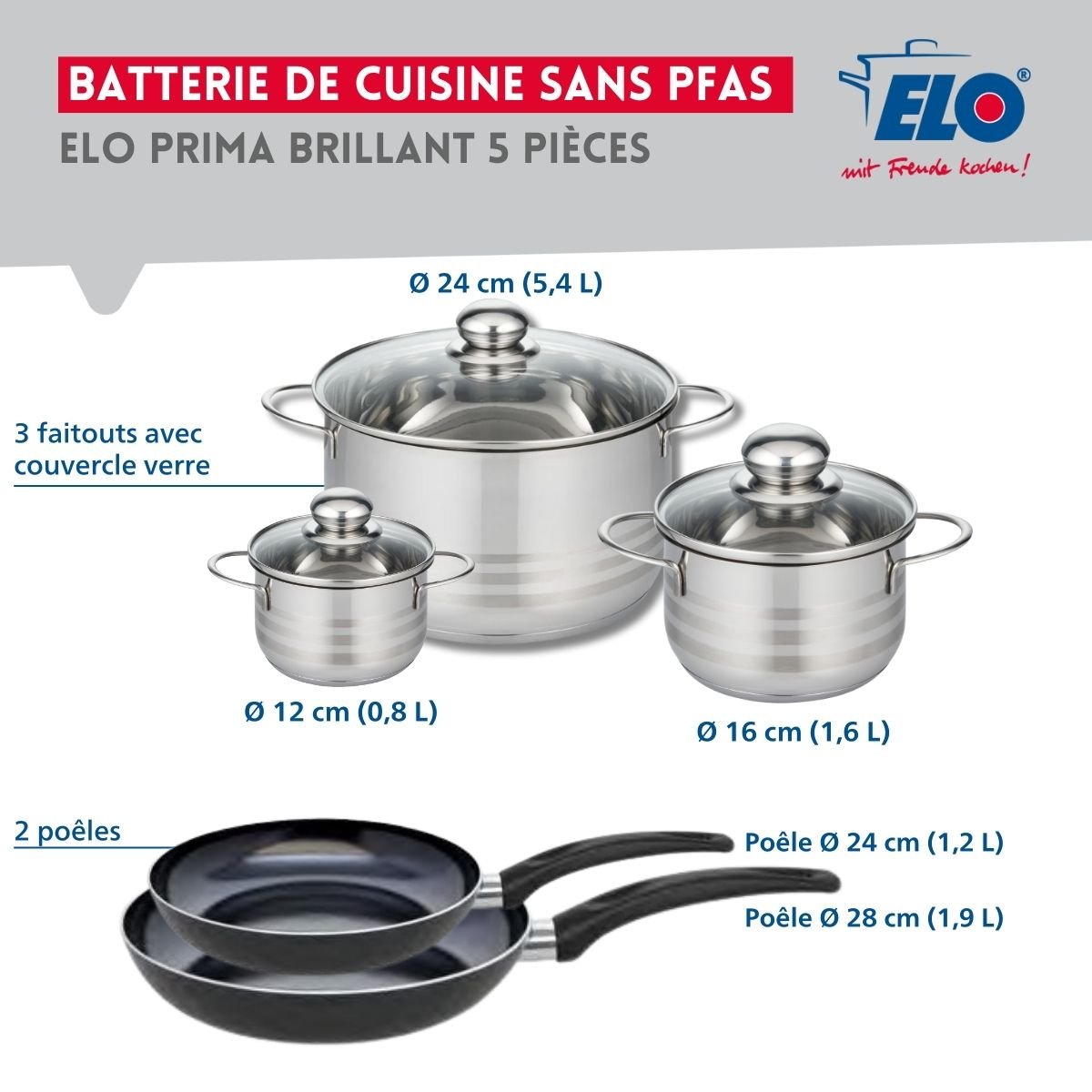 Batterie 2 poêles 24/28cm + 3 faitouts 12/16/24cm PRIMA BRILLANT noir, ELO