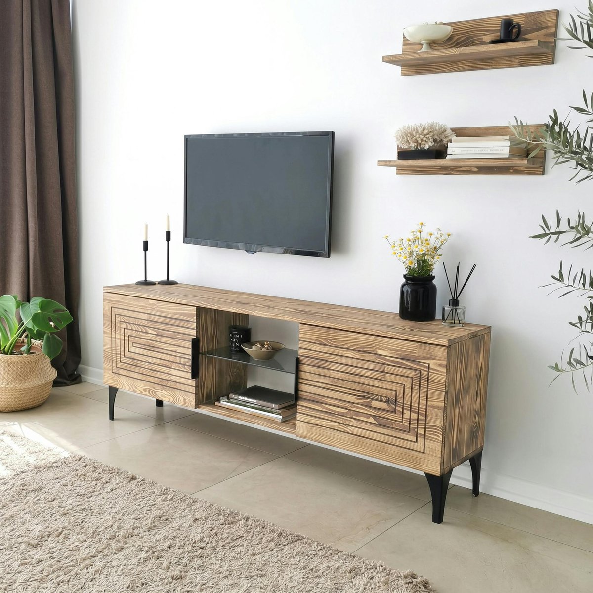 Meuble TV bois clair sculpté - 2 étagères assorties LECCE bois naturel, PIER IMPORT