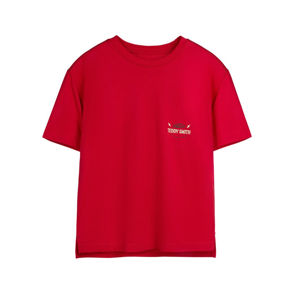 T-shirt en coton rouge imprimé à la poitrine et au dos avec un col rond rouge, TEDDY SMITH