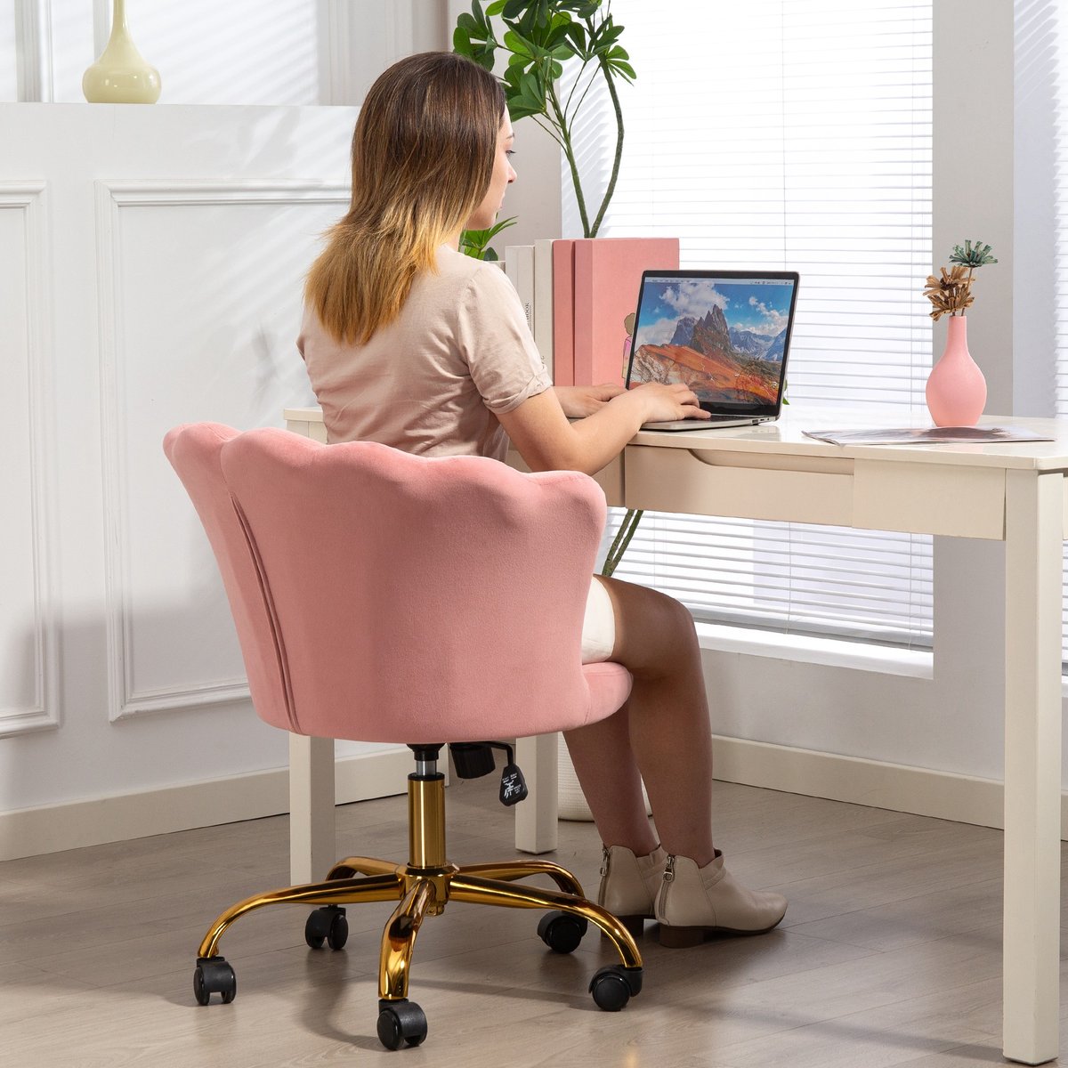 Chaise de bureau Velours (100% polyester) rose, HOMCOM