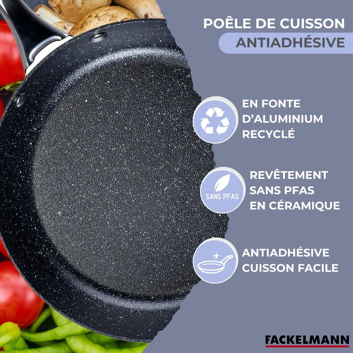 Poêle 24 cm fonte alu revêtement antiadhésif céramique sans PFAS gris,noir, FACKELMANN