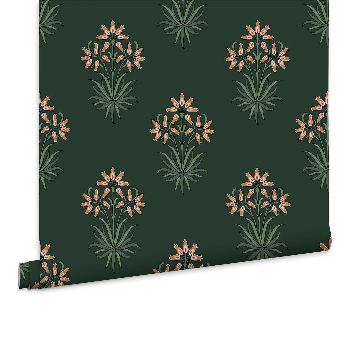 Papier peint fleuri Hyacinth Forest vert, corail, WILLIAM MORRIS AT HOME
