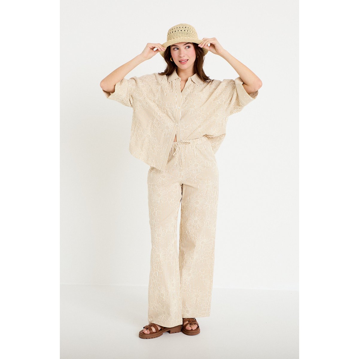 Blouse boyfriend manches 3/4 beige moyen, CACHE CACHE